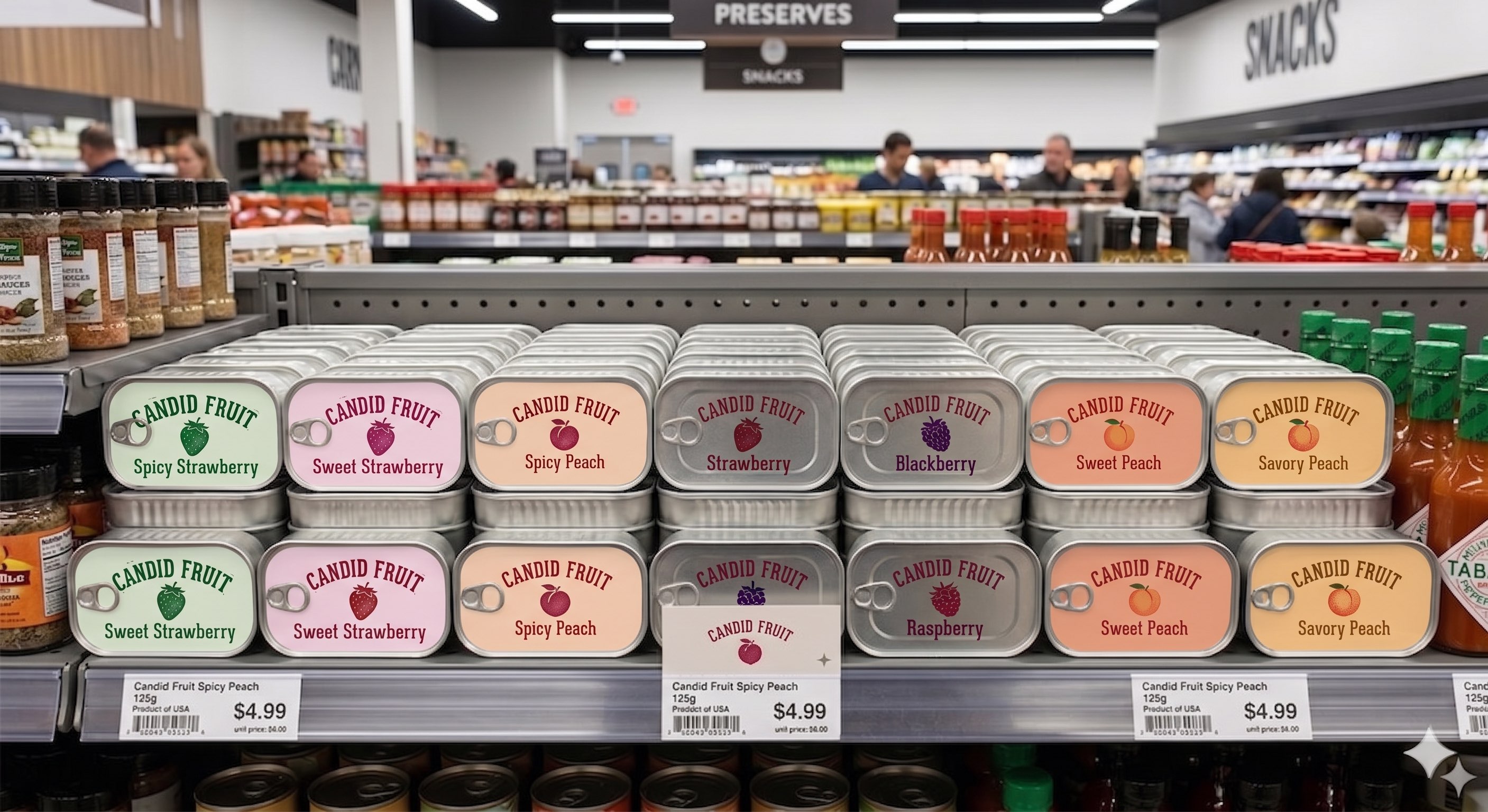 A grocery store shelf stocked with rows of Candid Fruit canned products in peach, strawberry, blackberry and raspberry flavors